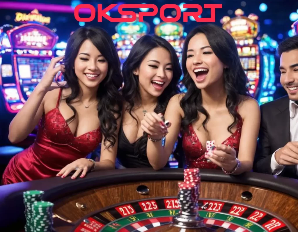 A vibrant casino scene with poker chips, cards, and roulette wheel, symbolizing the thrill and risk of gambling in both online and real-world settings.